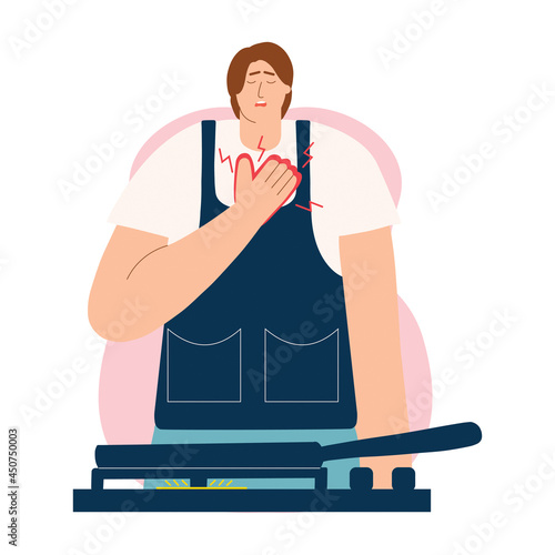 A man got a burn on his hand in the kitchen. Vector illustration in a flat style.
