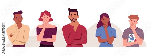 Male and female characters standing and thinking together on white background. Concept of people wondering or thinking, planning or pondering and holding hand by chin. Flat cartoon vector illustration photo