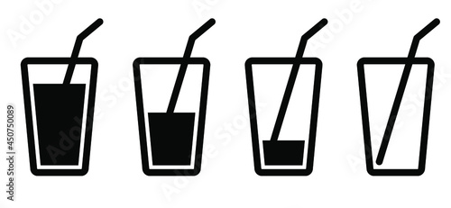 Cold drink or water glass icon vector. Cocktail, soda, lemonade or juice pictogram.
Full, half full, empty glass.