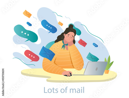 Young stressed female characters is overloaded with work mail on white background. Concept of dazed people suffering from huge amount of media information. Flat cartoon vector illustration