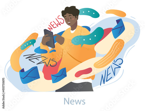 Young dazed male characters is stressed over news on smartphone on white background. Concept of overloaded people suffering from huge amount of negative information. Flat cartoon vector illustration