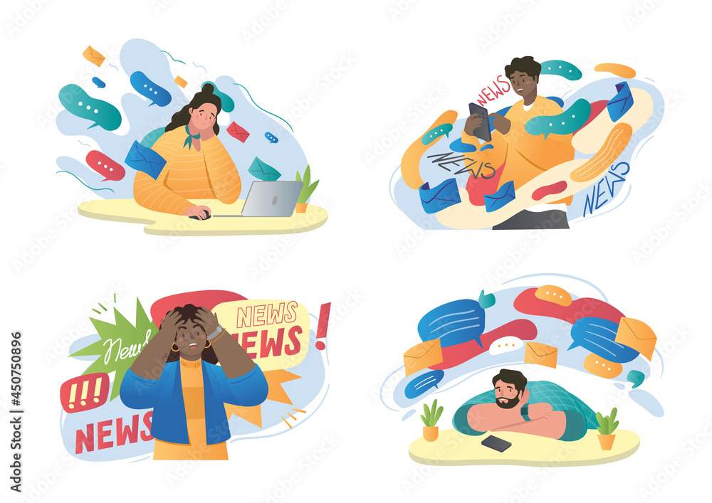 Obraz premium Set of stressed and overwhelmed male and female characters overloaded with media information from internet and social networks. Dazed people on white background. Flat cartoon vector illustration