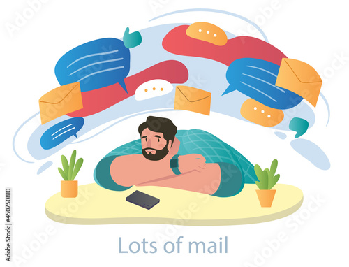 Male characters under stress is overloaded with work mail letters on white background. Concept of dazed people suffering from huge amount of media information. Flat cartoon vector illustration