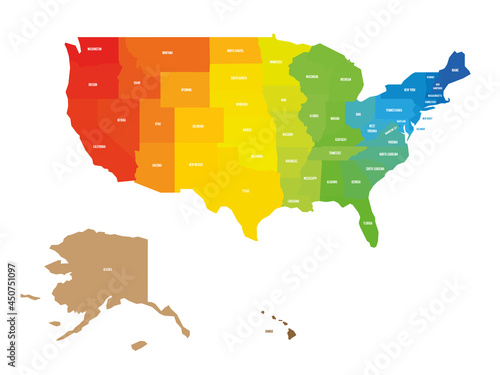 Colorful map of USA, United States of America. Rainbow spectrum colors with shadow overlapping effect. Map with federal state name labels