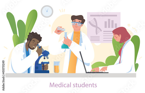 Cheerful male and female students of medical school studying together in lab on white background. Group of scientists use microscope and test tubes for chemical tests. Flat cartoon vector illustration