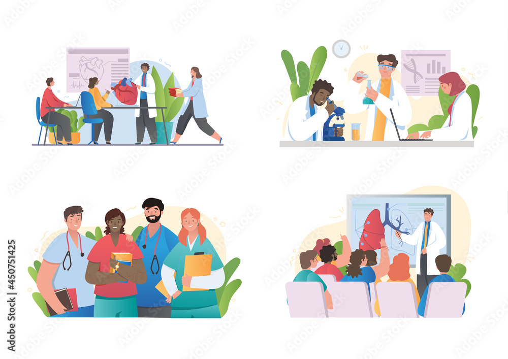 Set of scenes with male and female medical students in lab on white background. Young scientists conducting research or chemical tests together. Medicine and science. Flat cartoon vector illustration
