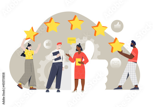 Young male and female characters are standing together and setting rating on white background. Concept of a vote, measurement of customer satisfaction and star rating. Flat cartoon vector illustration