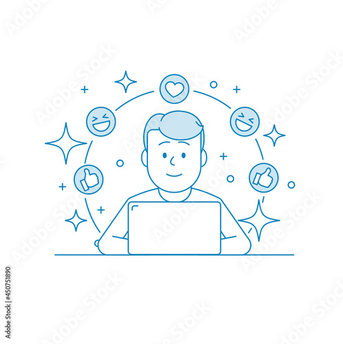 Smiling man browses the news on a smartphone. Social Networking Concept. Character - a man. Illustration in line art style. Vector