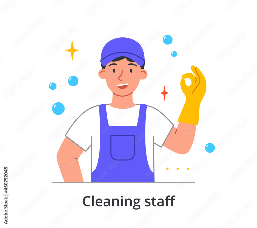 Smiling male cleaning company staff member is showing okay gesture in ...
