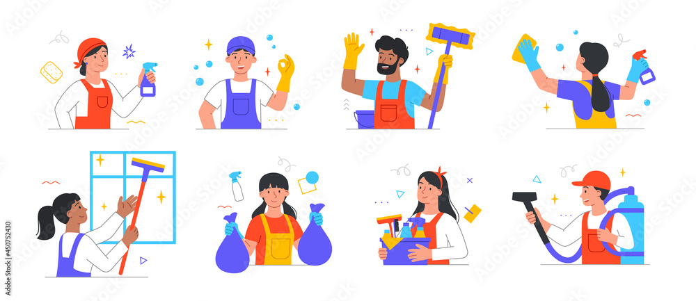 Set of male and female cleaning company staff characters are cleaning houses and other premises on white background. Concept of people working in cleaning company. Flat cartoon vector illustration