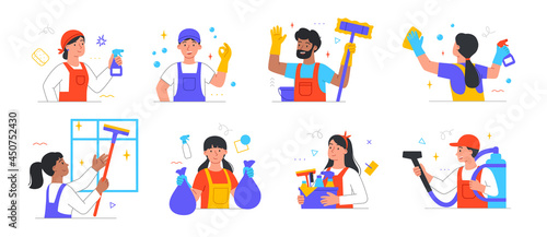Set of male and female cleaning company staff characters are cleaning houses and other premises on white background. Concept of people working in cleaning company. Flat cartoon vector illustration