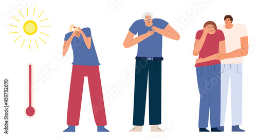 Symptoms of sunstroke and heatstroke in different people. Women and an elderly man suffer from the heat and heat in summer. Set with characters. Vector illustration in flat style