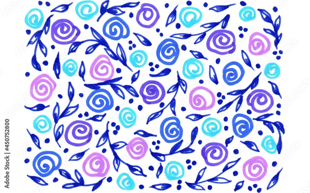 Colored pattern of flowers and leaves of blue, blue, purple, pink on a white background for printing on textiles and paper