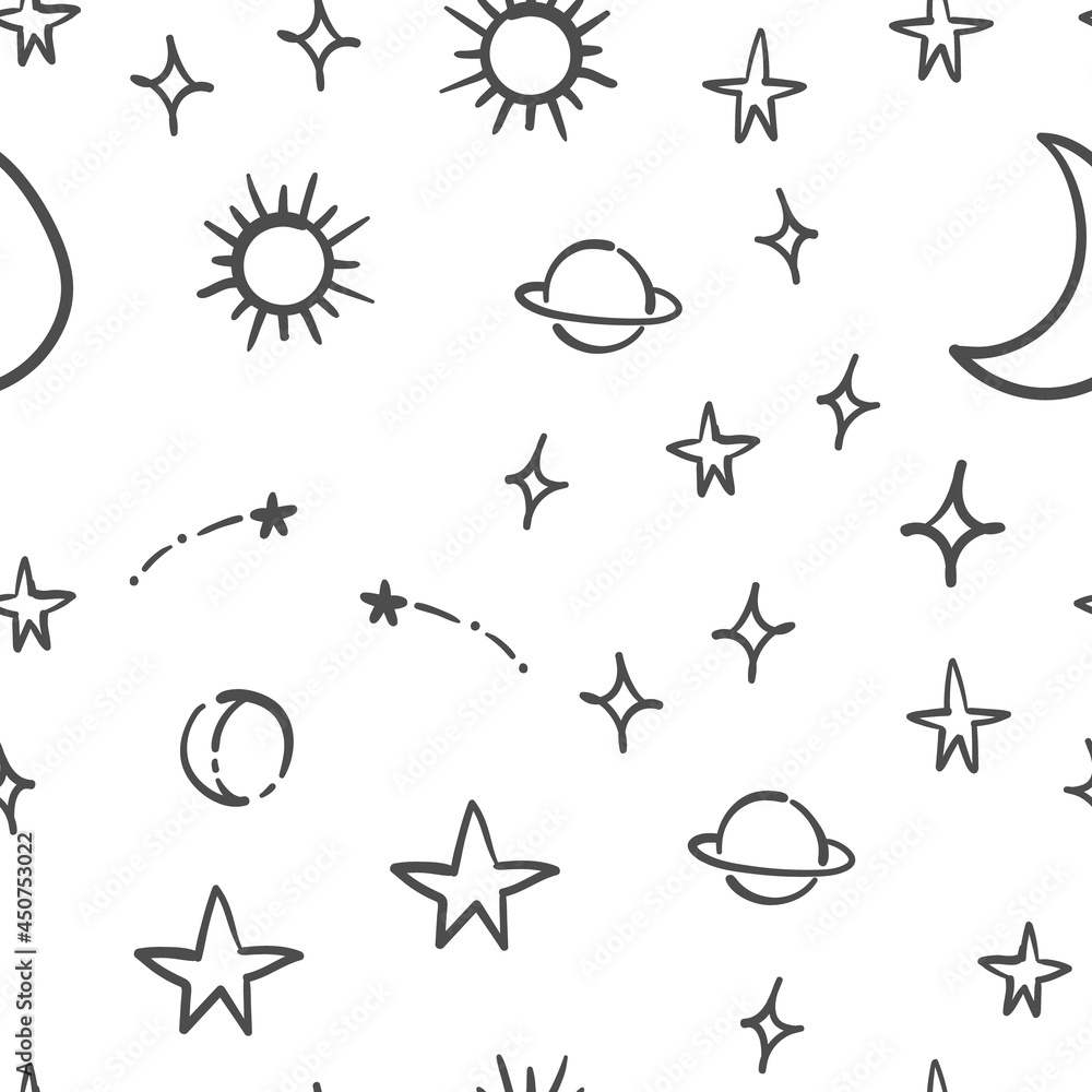 Obraz premium Stars, planets and moons seamless pattern. Hand drawn sky element doodles. Background texture. Space, universe and cosmos.