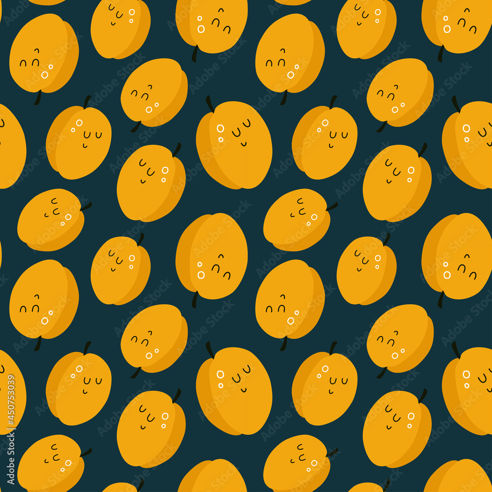 Fototapeta premium vector seamless cute pattern with cartoon apricots. it can be used as wallpaper, poster, print for clothes, fabrics, textiles, notebooks, packaging paper. food background.