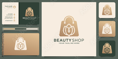 creative beauty shop logo. unique concept rose with bag design with business card design inspiration