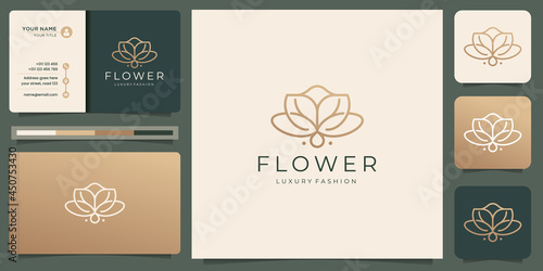 minimalist flower rose logo design template. luxury beauty line art style with business card design.