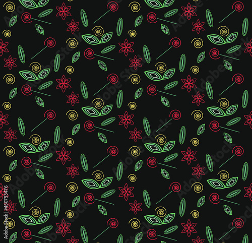 Vector background image with schematic doodles flowers and leaves on a black background