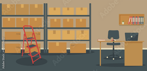 Warehouse: racks with boxes and workplace of warehouse manager, storekeeper or warehouse worker.Tape dispenser on desk with laptop, ladder,shelf with folders and cactus.Cozy place of work.Vector