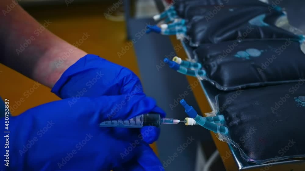 Worker fills syringe with vaccine for chicks. Hands in gloves of veterinarian dialing medicine from packs with vaccine. Close-up. Worker fills syringe with vaccine for chicks. Hands in gloves of veterinarian dialing medicine from packs with vaccine. Close-up.