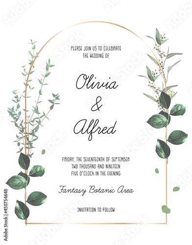 Herbal geometric vector frame. Hand painted plants, branches, leaves on a white background