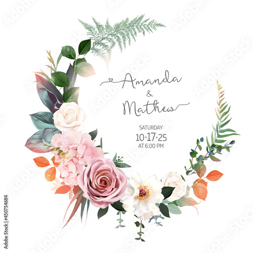 Blush pink roses, hydrangea, ivory peony vector design invitation frame