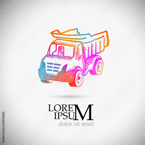 Colorful children's truck. Children's drawing by hatching. Vector illustration