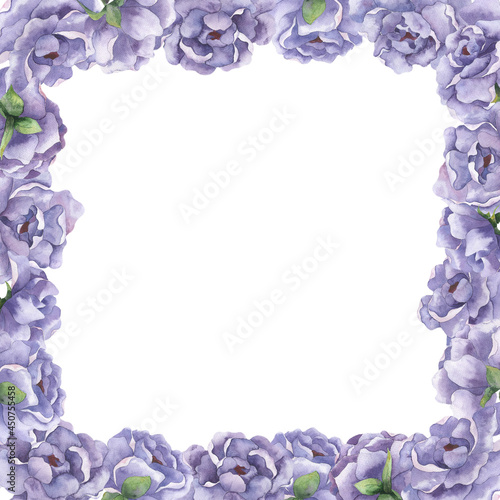 Watercolor square frame with large lilac flowers peonies on a white background. Illustrations for postcards, posters, fabrics, decor, packaging