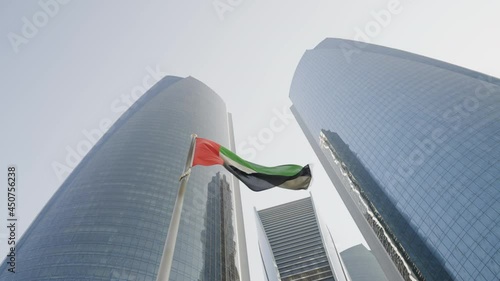 waving flag against the background of tall houses