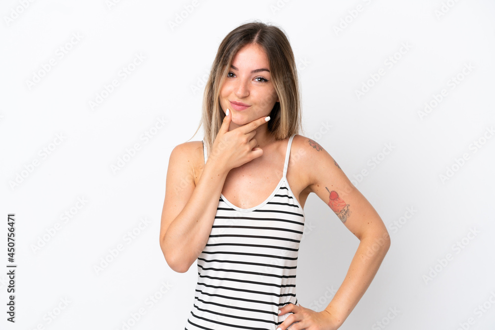 Young Romanian woman isolated on white background thinking Young Romanian woman isolated on white background thinking