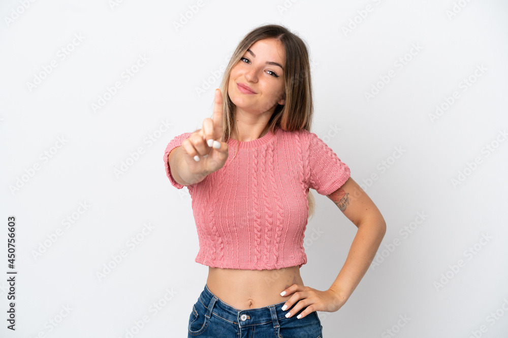 Fototapeta premium Young Romanian woman isolated on white background showing and lifting a finger