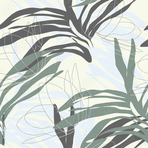 Vector seamless pattern with tropical leaves. Trendy style.