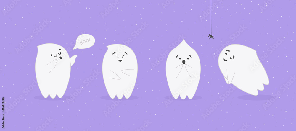 Cute little ghosts on purple background. Cartoon characters  for funny Halloween greeting card design.