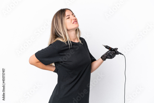 Tattoo artist Romanian man isolated on white background suffering from backache for having made an effort