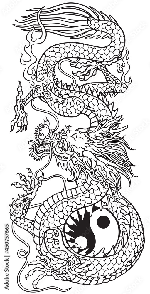 Fototapeta premium Traditional Chinese or East Asian dragon and yin yang symbol of harmony and balance. Feng Shui theme. Black and white tattoo. Graphic style vector illustration