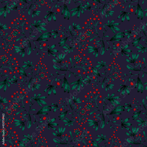 Seamless repeatable pattern. Scandinavian Floral design. Berries. Winter mystic garden. Magical autumn vibes. Digital painting. Hand drawing. Colored pencil texture. Colorful. Original illustration.