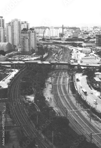 Black and white train and subway tracks in Barra Funda, Sao Paulo, Brazil photo