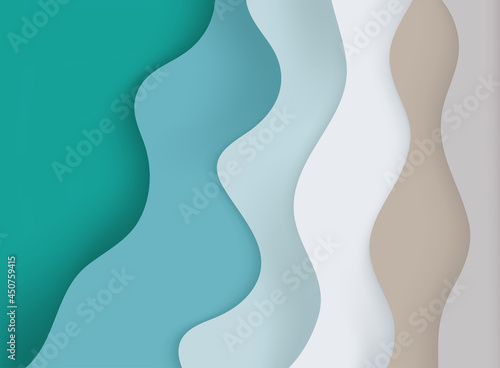 Abstract blue sea and beach summer background with paper waves and seacoast for banner, invitation, poster or web site design. Paper cut style, 3d effect imitation, space for text, vector illustration