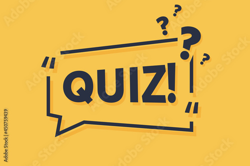 Quiz symbol. Megaphone yellow vector banner. Answer question sign. Examination test. Thought speech bubble with quotes.