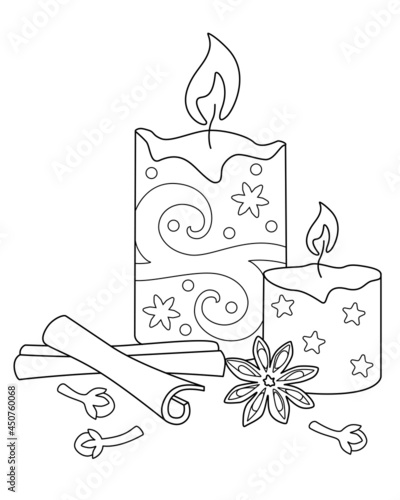 Candles And Spices -Aromatherapy -vector linear picture antistress for coloring. Outline. Scented candles, star anise, cloves and cinnamon sticks coloring picture antistress