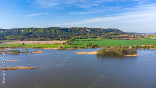 Rural landscape with Zabakor lake and Prihrazy sandstone rocks. Bohemian Paradise  Czech Republic. Aerial view from drone.