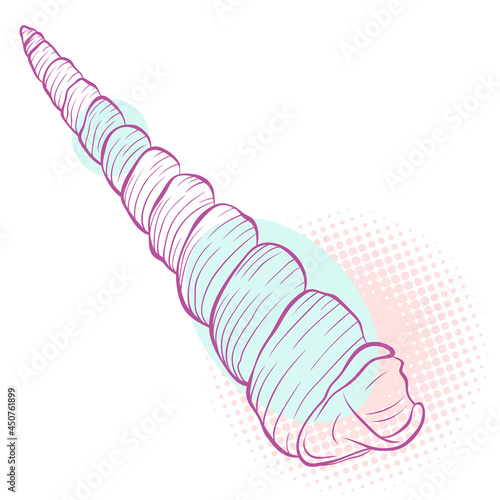 Long spiral seashel in line art style on spotted background. Vector color hand drawn illustration. Elements for design seafood shop or menu, decor, label, print, poster, t-shirt.