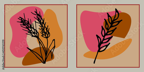 Hand drawn botanical vector art set. Wheat contour and abstract shape drawing on a color background. Abstract design for wall decoration, posters, covers, prints and wallpapers. Vector illustration.