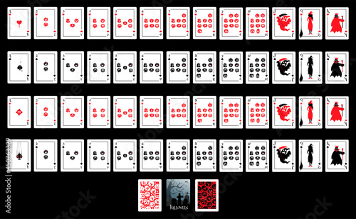 Halloween Playing Cards - Hearts Set. Halloween poker set. Contain all numbers from 2 to 10, king is skull, queen is witch, jack is ghost.