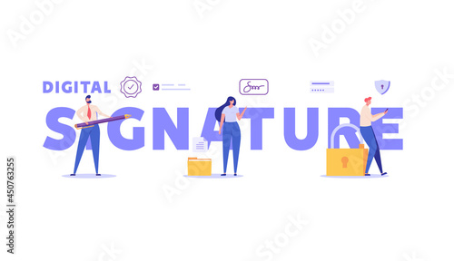 People signing contract with digital pen with sign. Digital signature, business contract, electronic contract, e-signature concept. Vector illustration in flat design for web banner, mobile app