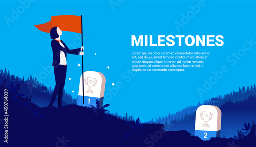 Businesswoman milestone - Woman planting flag on hilltop after reaching business milestones. Achievement concept. Vector illustration.