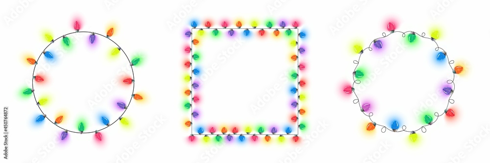 Glowing Christmas Lights Wreath Set of hand drawn illustration of multicolored christmas garland lights or bulbs. A set of frames made of Christmas garlands in the shape of a circle. Glowing Christmas Lights Wreath Set of hand drawn illustration of multicolored christmas garland lights or bulbs. A set of frames made of Christmas garlands in the shape of a circle.