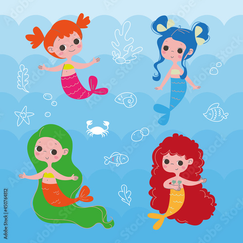 Set of baby mermaids with multi-colored hair. Hand drawing for girls textiles. Vector illustration of characters in cartoon children s style. Isolated funny clipart on blue sea background. Cute print