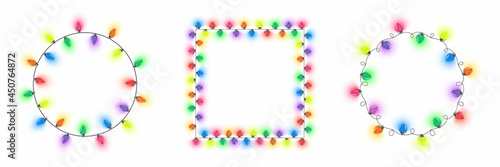 Glowing Christmas Lights Wreath Set of hand drawn illustration of multicolored christmas garland lights or bulbs. A set of frames made of Christmas garlands in the shape of a circle.