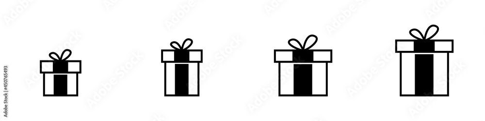 Conjunto de icono de caja de regalo. Concepto de sorpresa u obsequio. Ilustración vectorial, estilo línea negro Conjunto de icono de caja de regalo. Concepto de sorpresa u obsequio. Ilustración vectorial, estilo línea negro